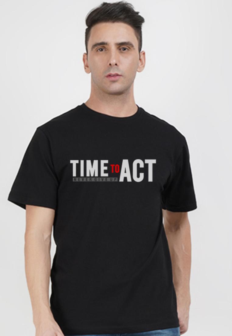QuirkyT Time To Act 圖案黑色棉質短袖圓領休閒 T 恤
