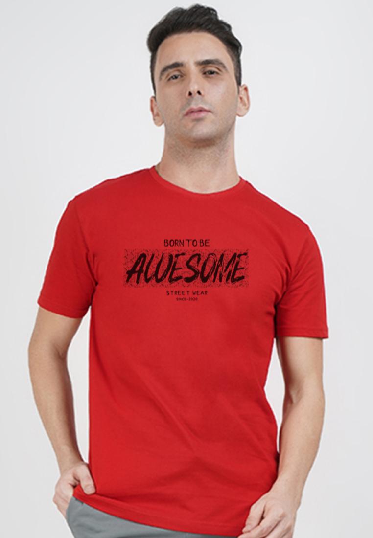 QuirkyT Born Awesome 紅色棉質短袖圓領休閒 T 恤