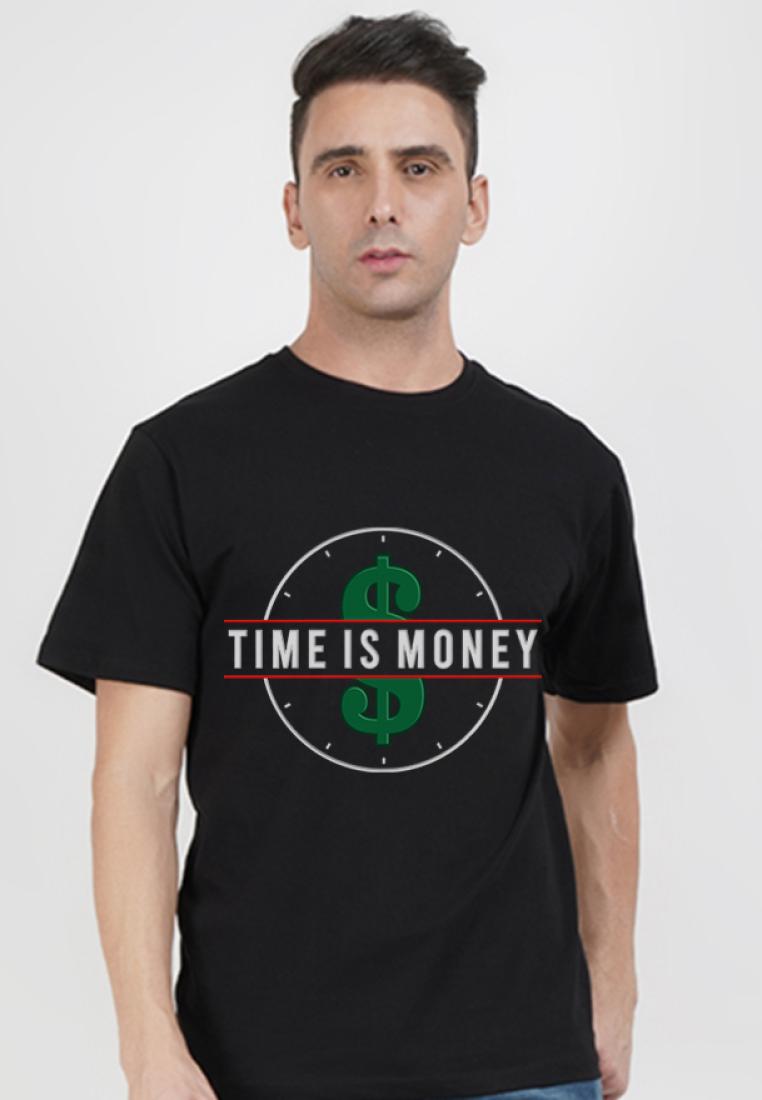 QuirkyT Time is Money 圖案黑色棉質短袖常規版型 T 恤