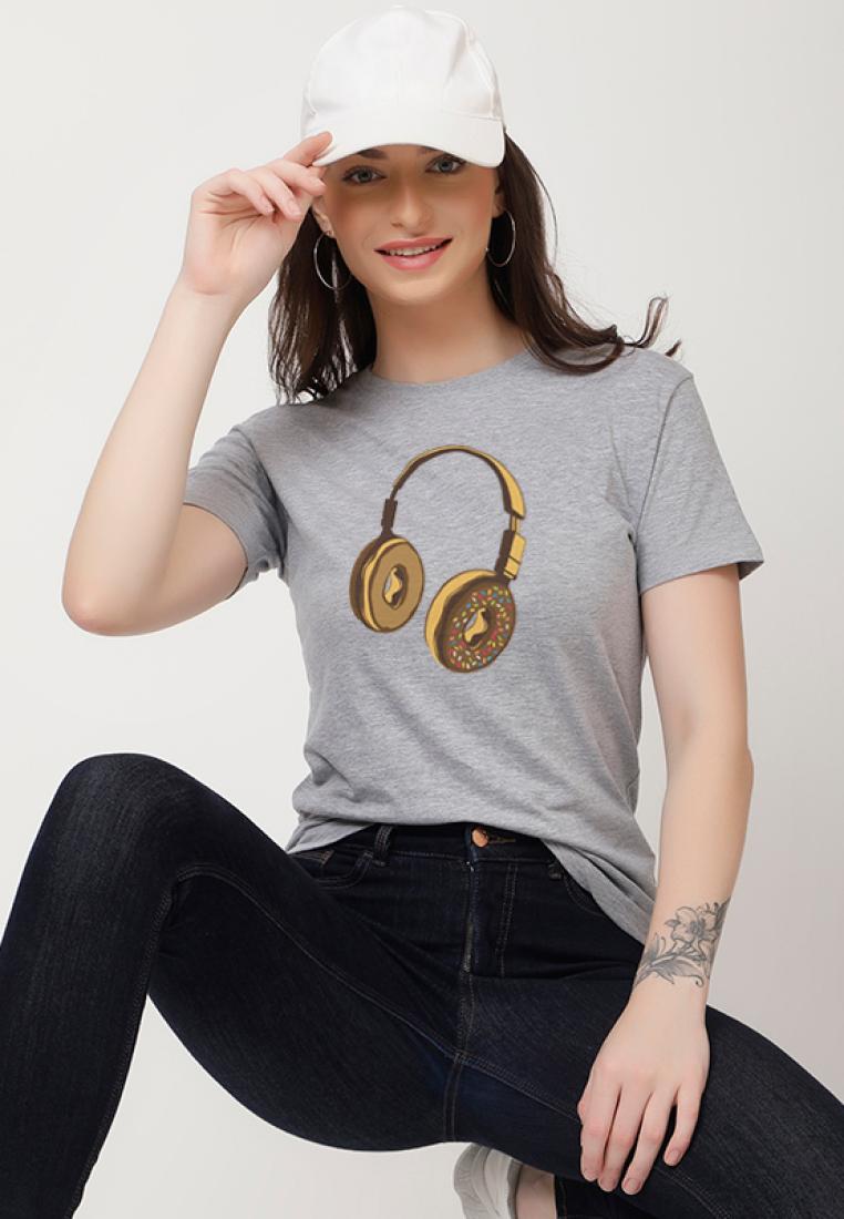 QuirkyT 耳機甜甜圈休閒短袖時尚灰色棉質休閒圖案印花 T 恤/T 恤