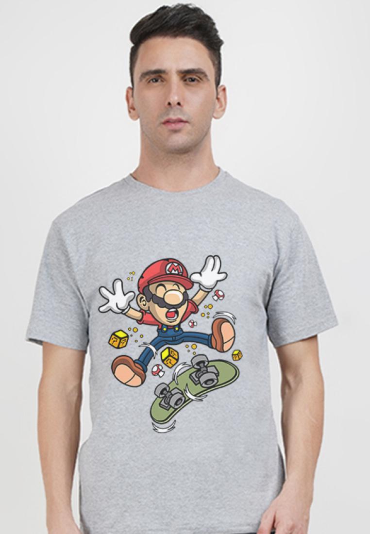 QuirkyT Mario Skater 灰色棉質短袖必備 T 恤