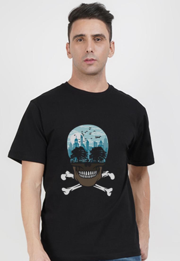 QuirkyT Deadcity 圖案黑色棉質短袖合身 T 恤
