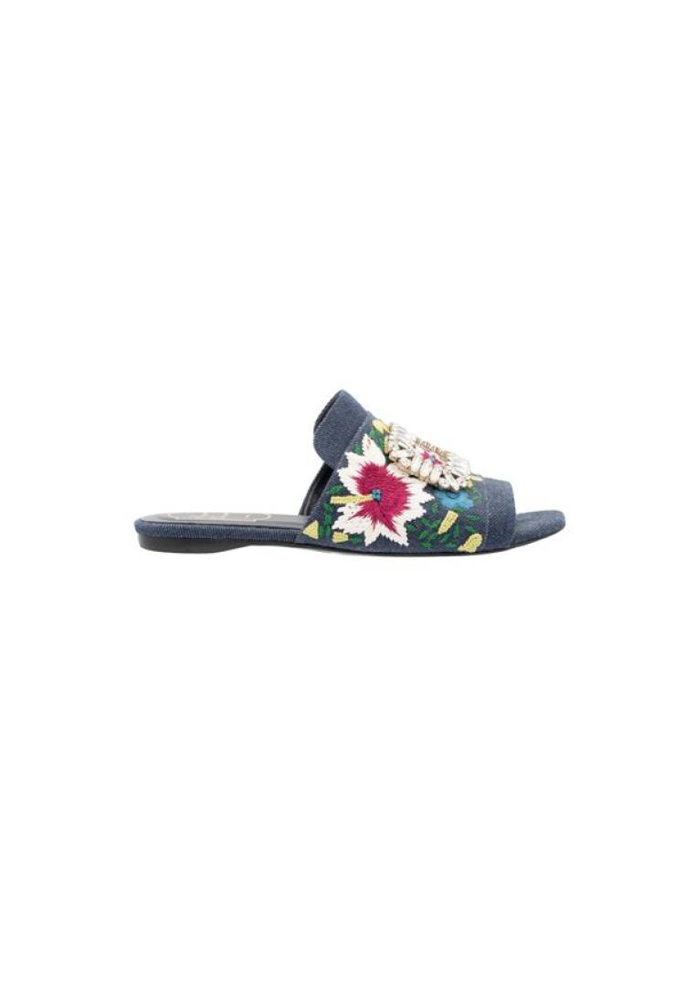 Pre-Loved ROGER VIVIER Strass-Buckle Floral Denim Slide Sandals