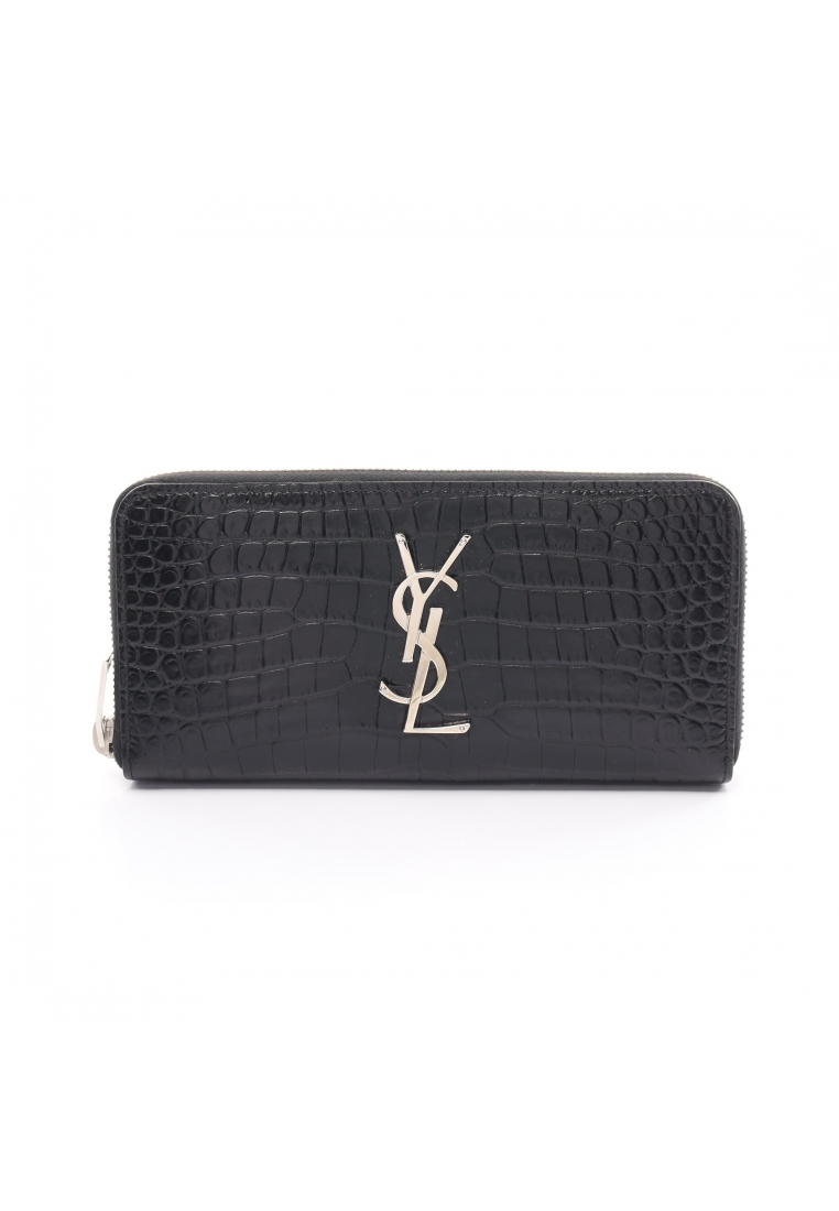 Saint Laurent Paris 二奢 Pre-loved SAINT LAURENT PARIS monogram round zipper long wallet leather black croc embossed