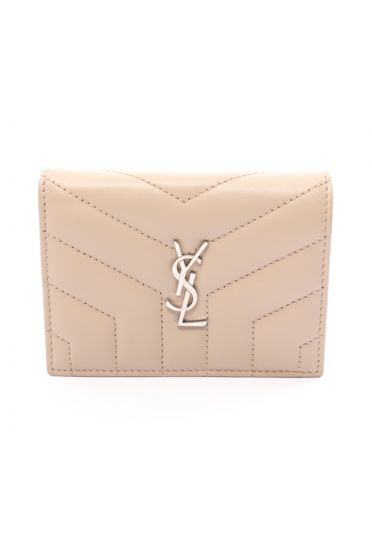 二奢 Pre-loved SAINT LAURENT PARIS monogram Bi-fold wallet compact wallet leather light beige