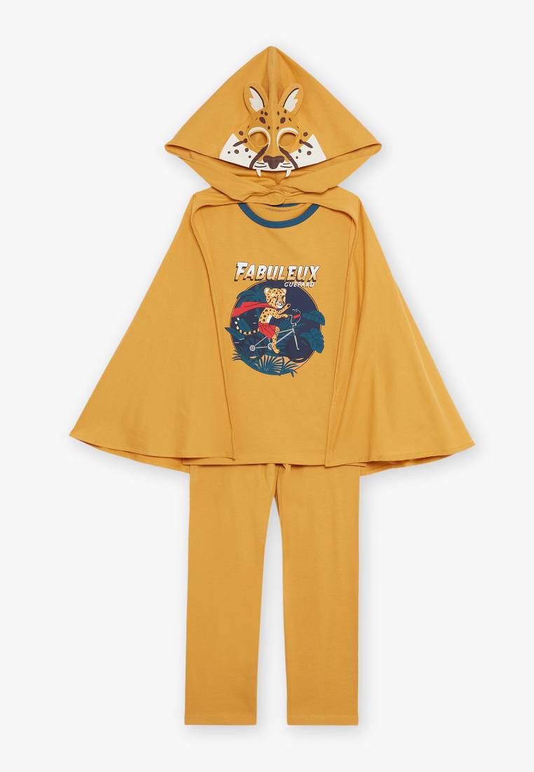 Sergent Major Two-Piece Mustard Yellow Cotton Pajamas With Leopard Head Cape