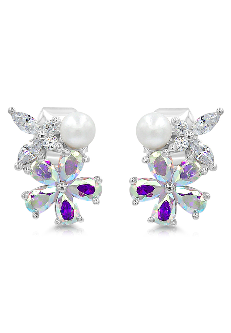 SO SEOUL 珍珠花朵鑽石仿真立方氧化鋯耳釘式耳環