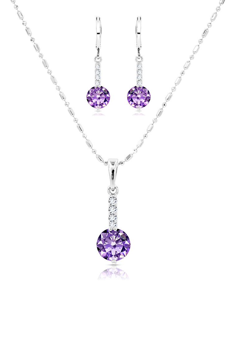 SO SEOUL 利克 皇冠紫色單仿鑽石鋯圈形耳環與帶吊墜鏈項鍊珠寶禮品套裝