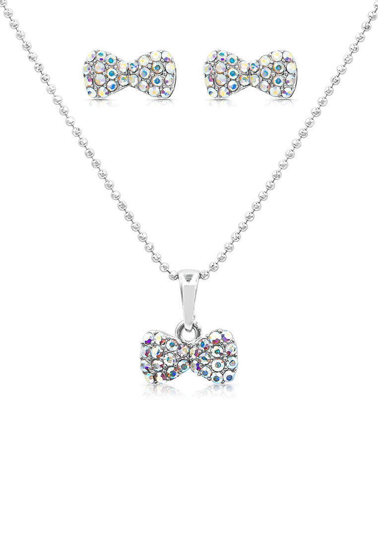 SO SEOUL 優雅的絲帶蝴蝶結 粉紅極光水晶耳釘與吊墜鏈項鍊珠寶禮品套裝