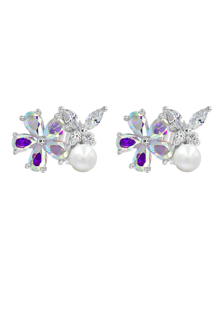 SO SEOUL 珍珠花朵鑽石仿真立方氧化鋯耳釘式耳環