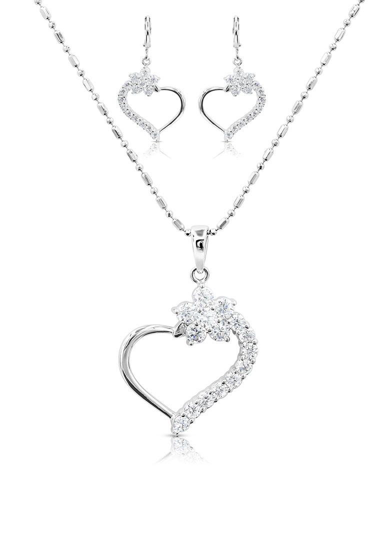 SO SEOUL 阿莫拉 敞開心形精緻花朵鑽石仿製鋯耳環與吊墜鏈項鍊珠寶禮品套裝