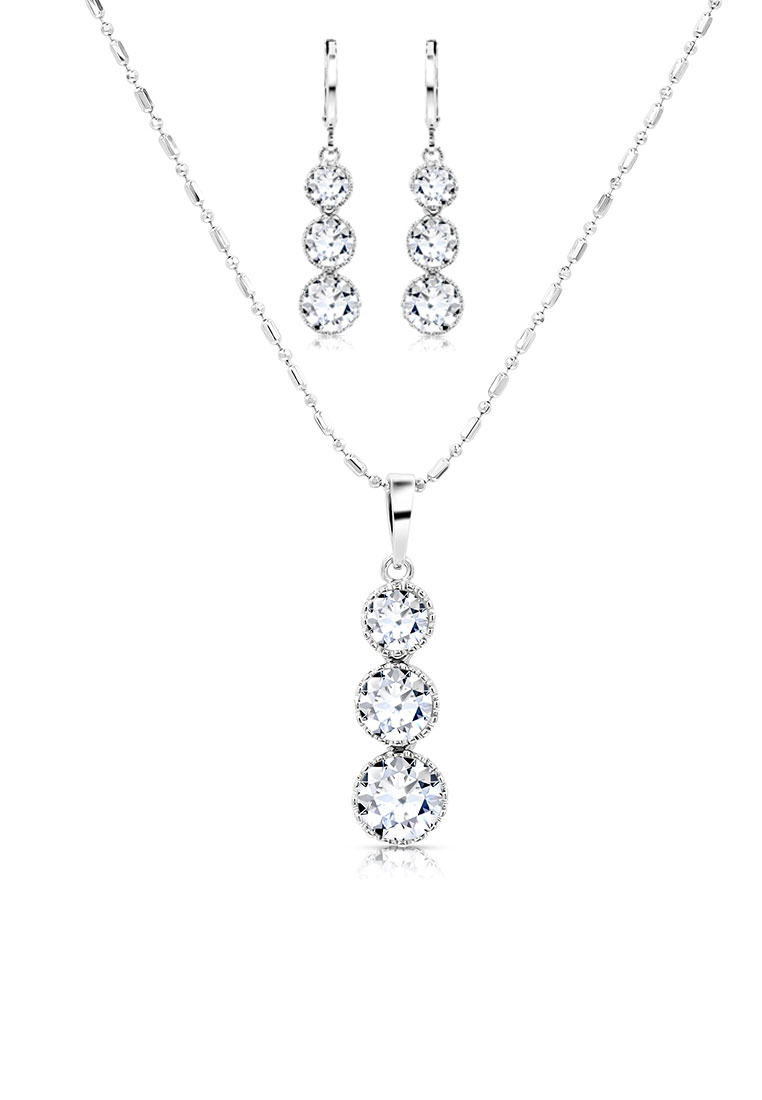 SO SEOUL 雅典娜 三顆單鑽石相連仿鑽鋯石環耳環與吊墜鏈項鍊珠寶禮品套裝