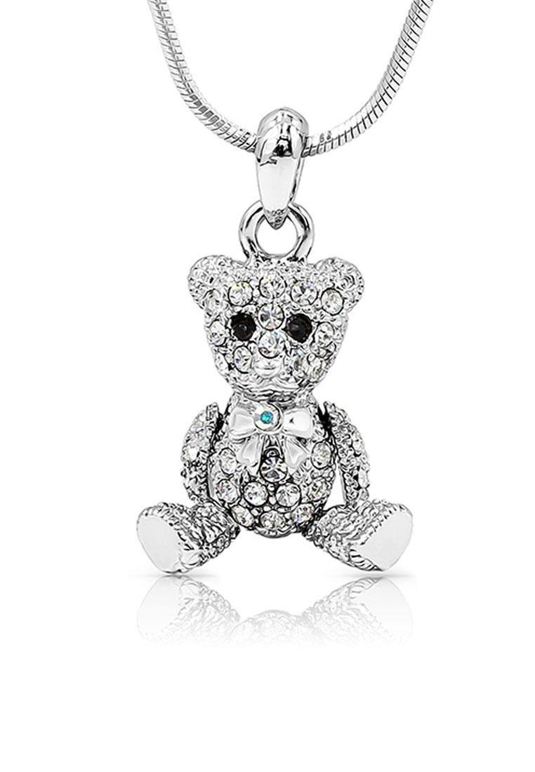 SO SEOUL 漂亮的小熊帶蝴蝶結 3D 可動式白色奧地利水晶吊墜鏈項鍊 - 送給女孩的禮物