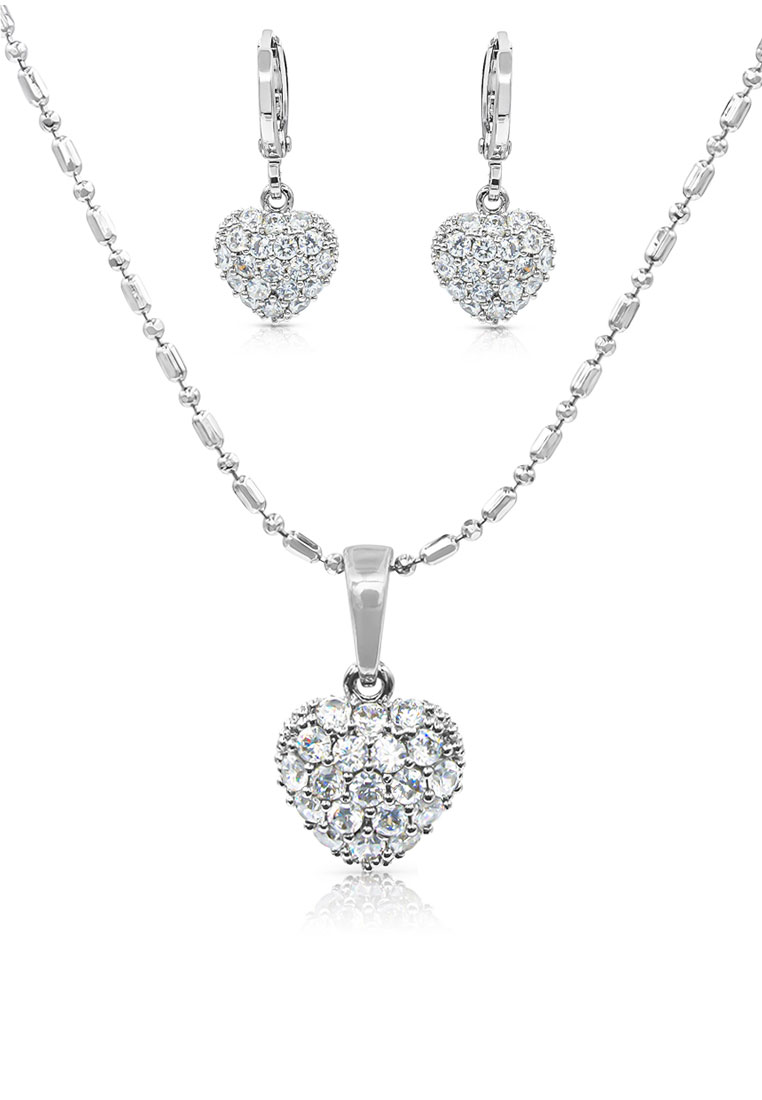 SO SEOUL 阿莫拉 鑲滿閃爍鑽的愛心 仿製鋯石耳環與吊墜鏈項鍊珠寶禮品套裝
