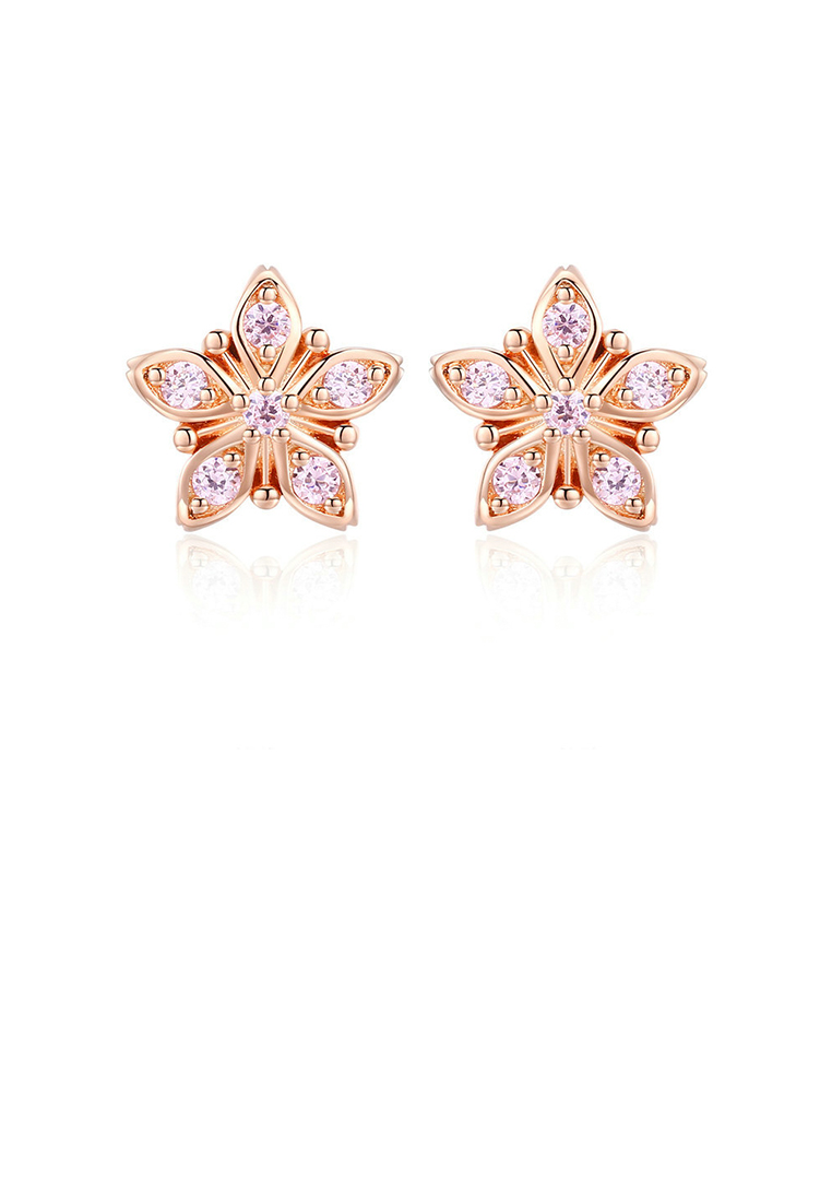 SOEOES 925 純銀鍍玫瑰金簡約時尚花朵耳環配粉紅色方晶鋯石