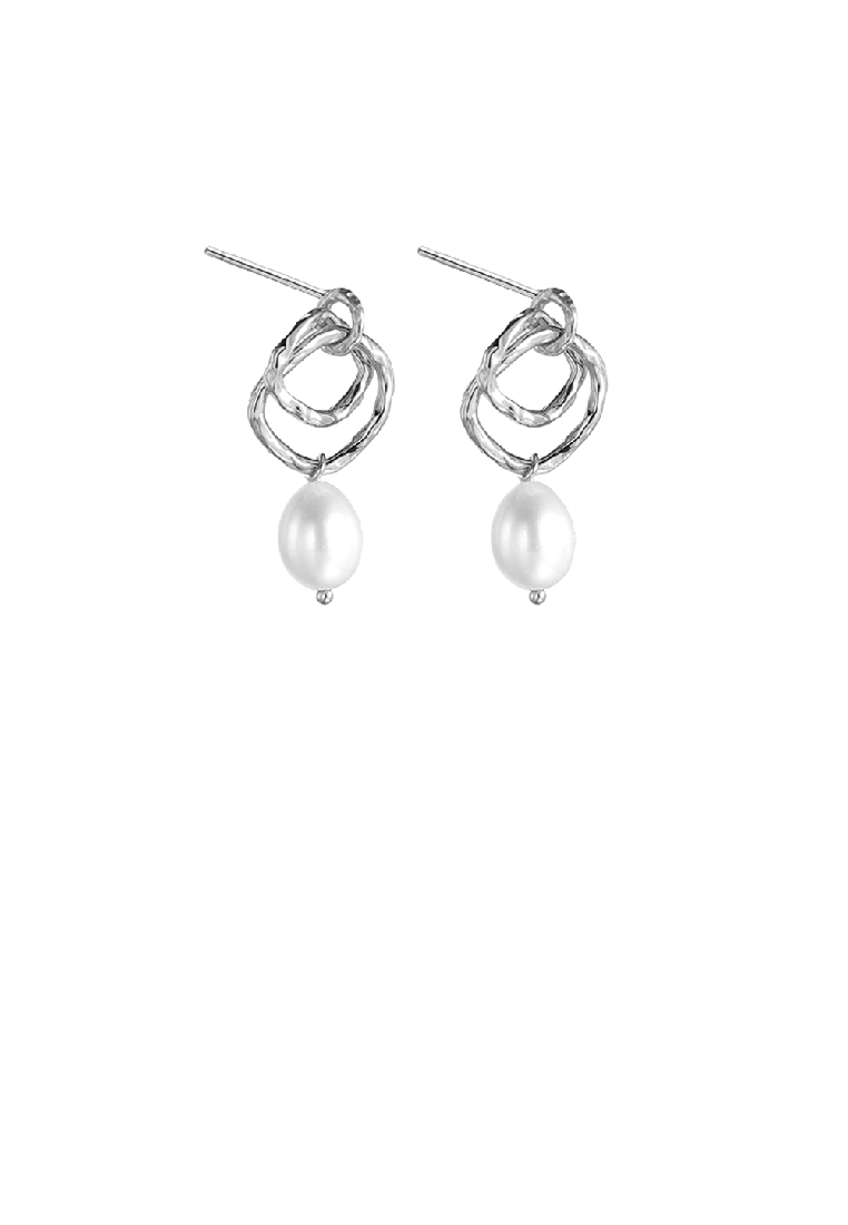 SOEOES 925純銀時尚氣質鏤空幾何方形淡水珍珠耳環