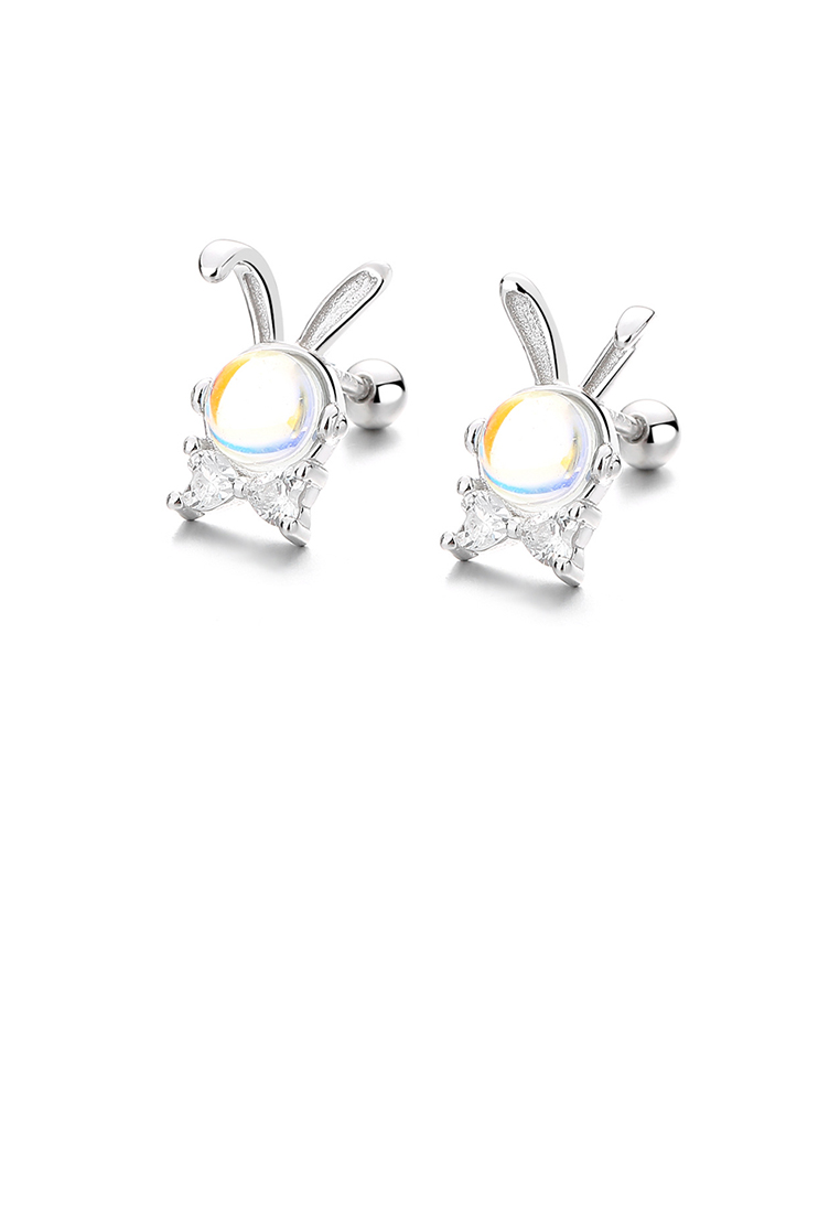 SOEOES 925 純銀簡約可愛兔子月光石耳環配方晶鋯石