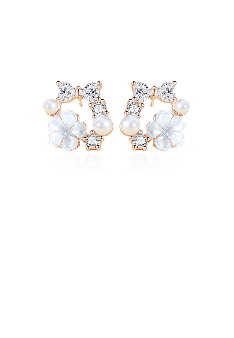 SOEOES 925純銀鍍玫瑰金時尚氣質花朵緞帶仿珍珠方晶鋯石耳環