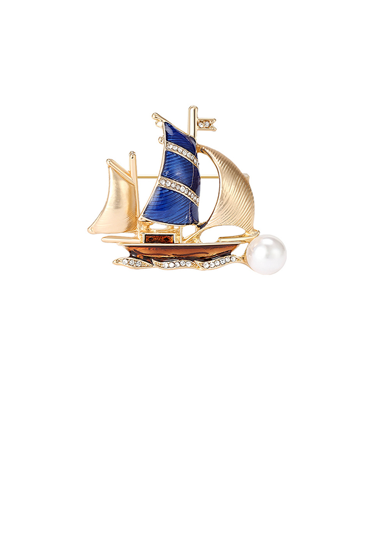 SOEOES 時尚氣質方晶鋯石鍍金琺瑯藍帆船仿珍珠胸針