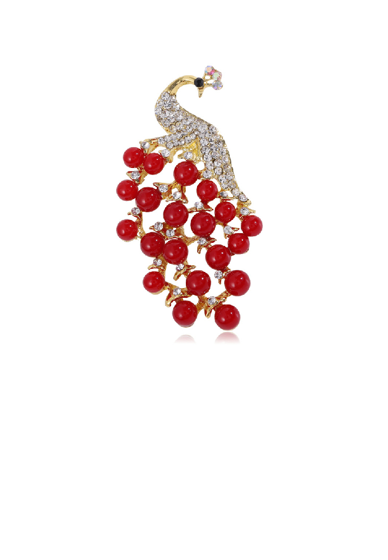 SOEOES 時尚氣質方晶鋯石鍍金孔雀紅仿珍珠胸針