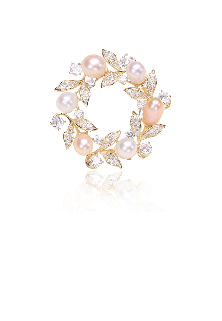 SOEOES 優雅氣質方晶鋯石鍍金橄欖枝葉仿珍珠胸針
