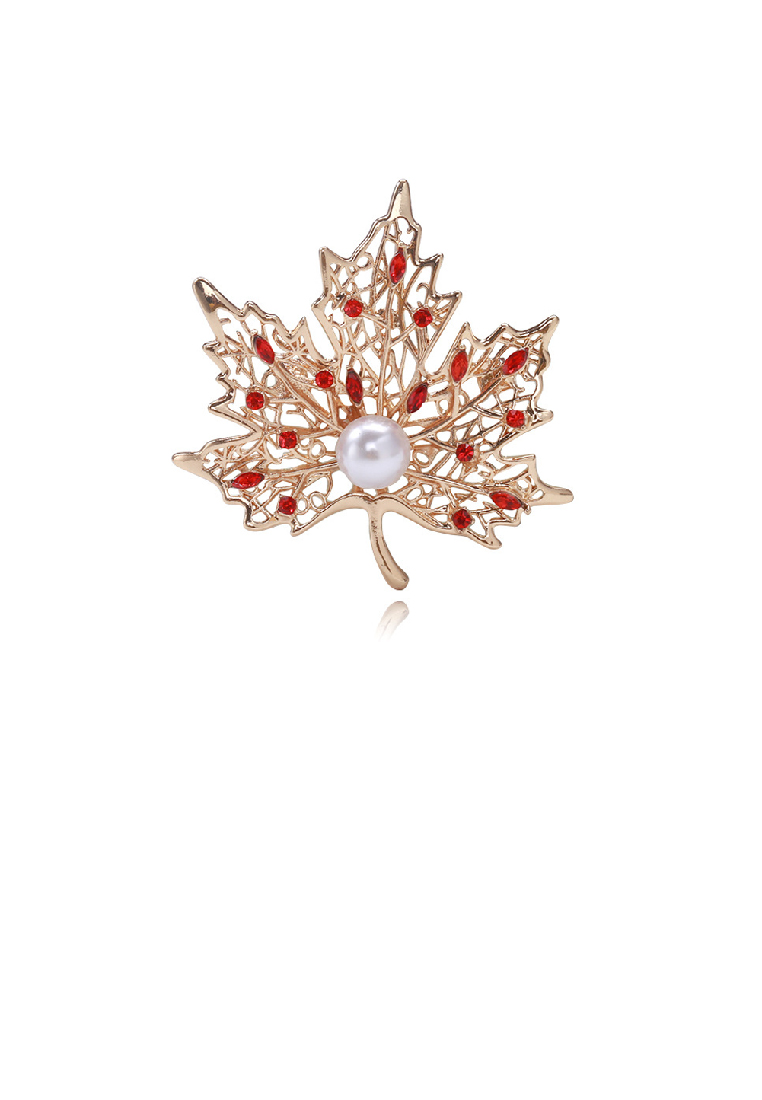 SOEOES 時尚優雅紅色方晶鋯石鍍金空心楓葉仿珍珠胸針