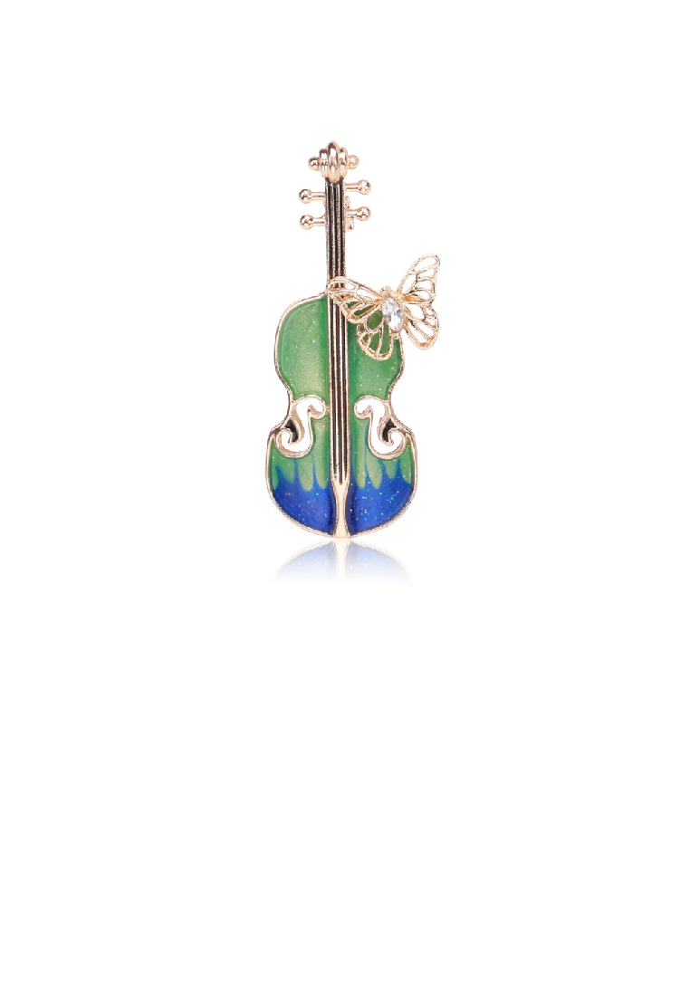SOEOES 時尚氣質方晶鋯石鍍金琺瑯綠色小提琴蝴蝶胸針
