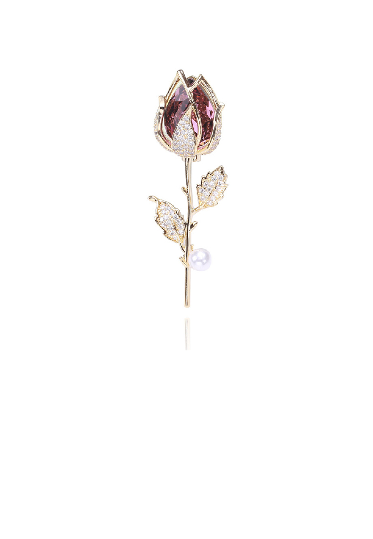 SOEOES 時尚優雅紫色方晶鋯石鍍金玫瑰仿珍珠胸針