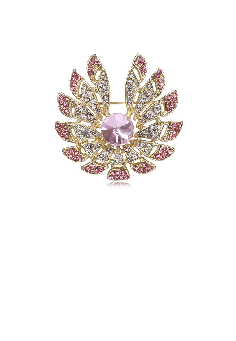 SOEOES 時尚優雅粉紅方晶鋯石鍍金花卉胸針