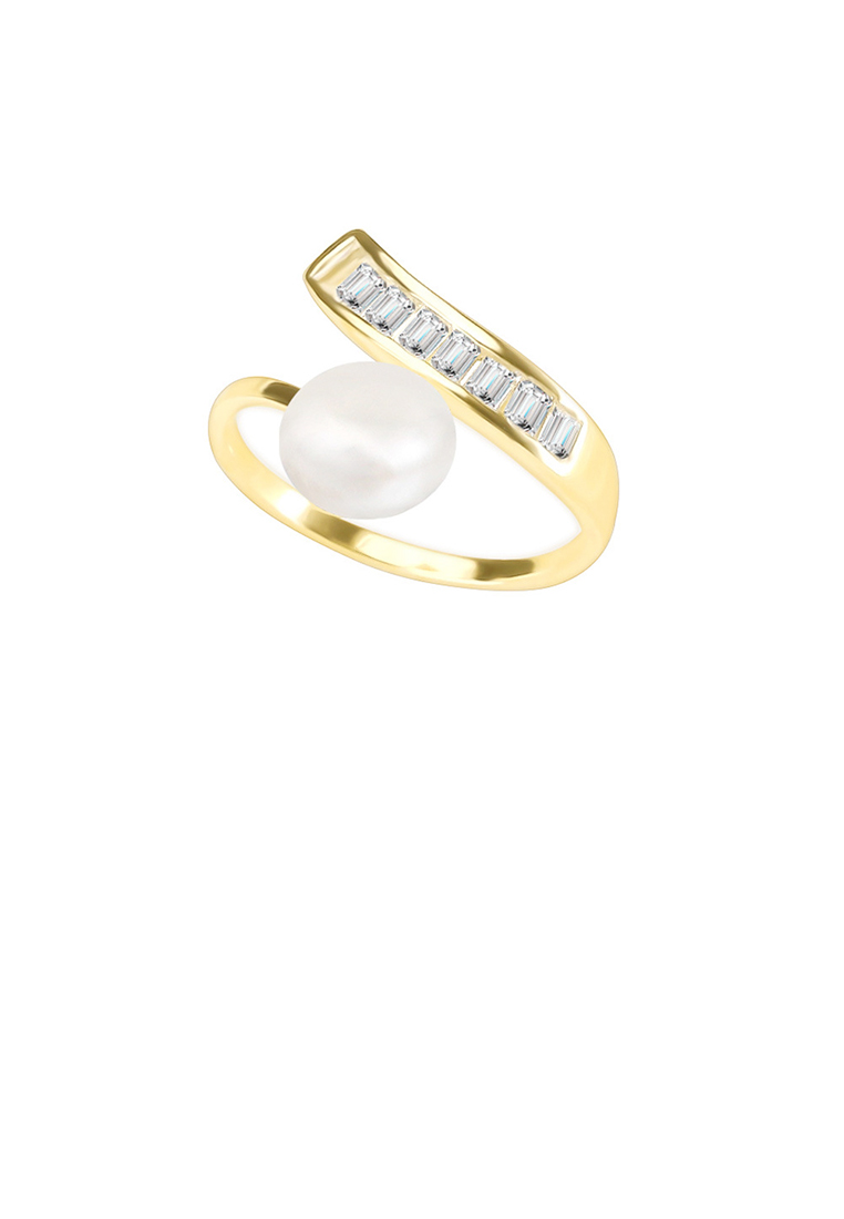 SOEOES 925 純銀鍍金時尚簡約幾何淡水珍珠可調式開口戒指配方晶鋯石