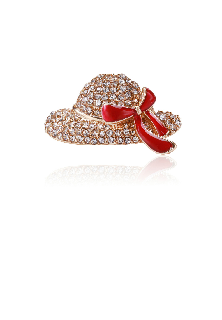 SOEOES 時尚亮麗鍍金琺瑯紅色絲帶帽子胸針配方晶鋯石