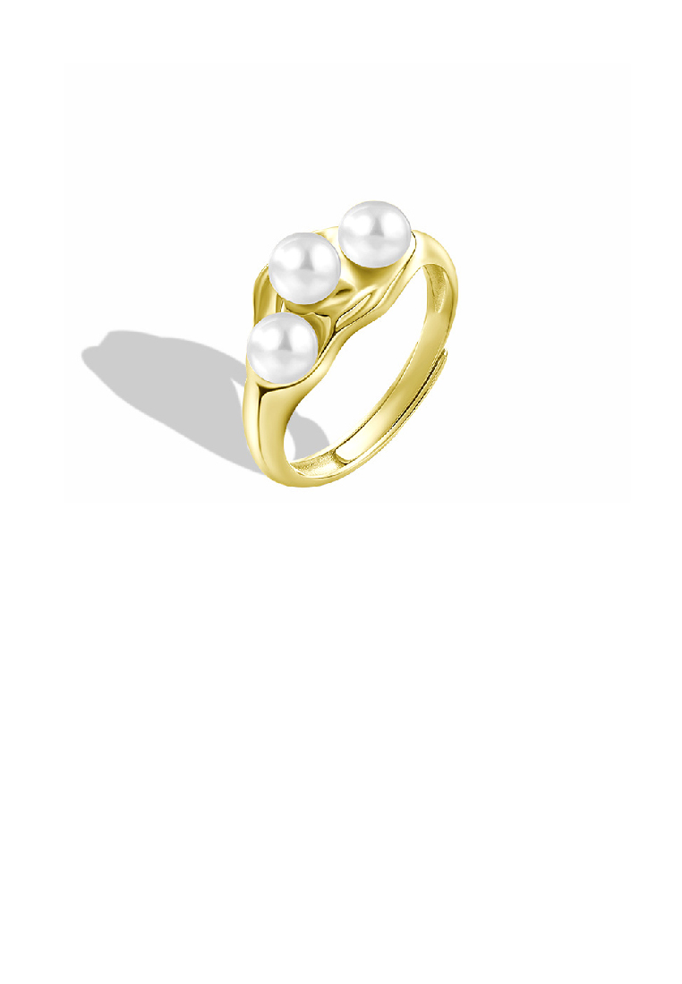 SOEOES 925純銀鍍金簡約個性不規則幾何可調式戒指配白色淡水珍珠