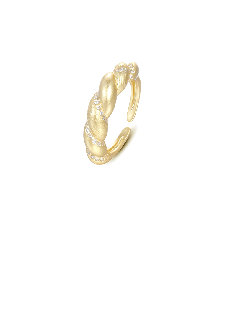 SOEOES 925 純銀鍍金時尚簡約扭紋拉絲幾何可調式開口戒指配方晶鋯石