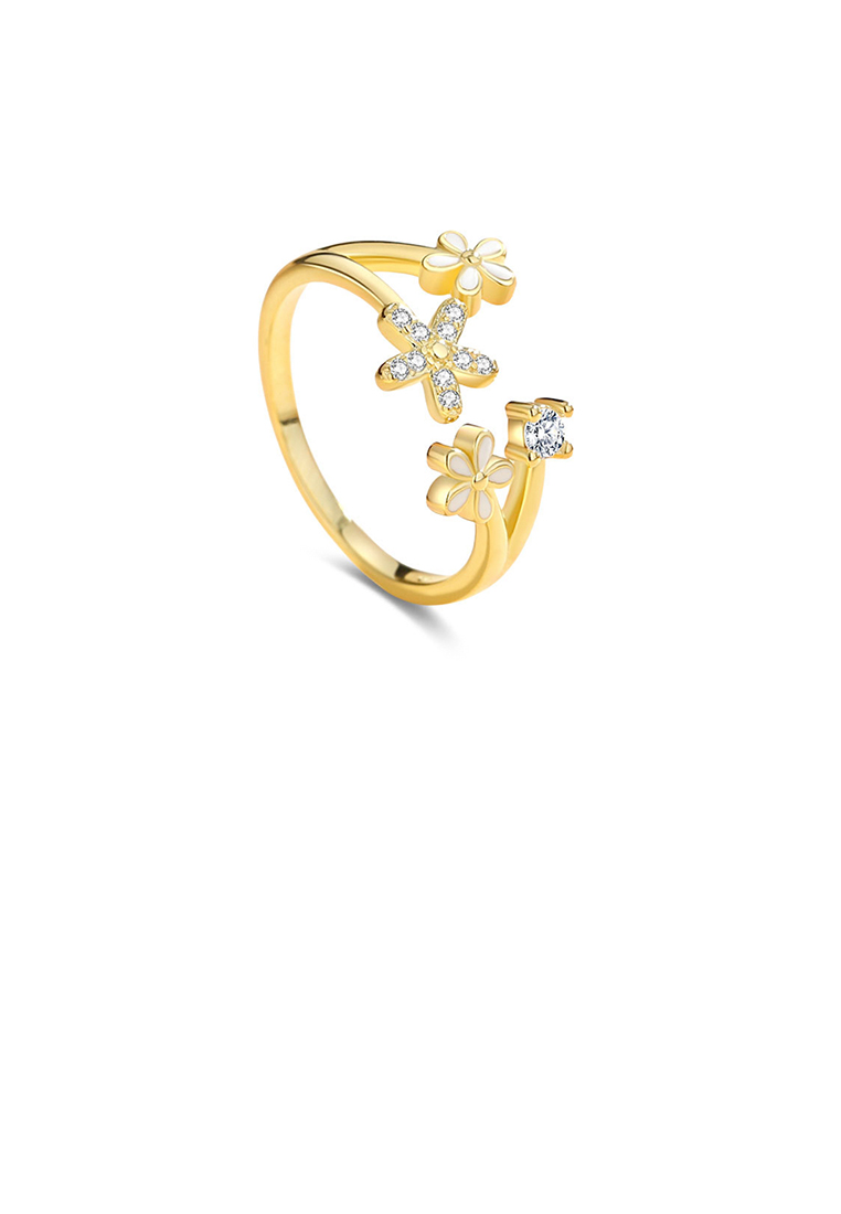 SOEOES 925 純銀鍍金時尚簡約花朵可調式開口戒指配方晶鋯石