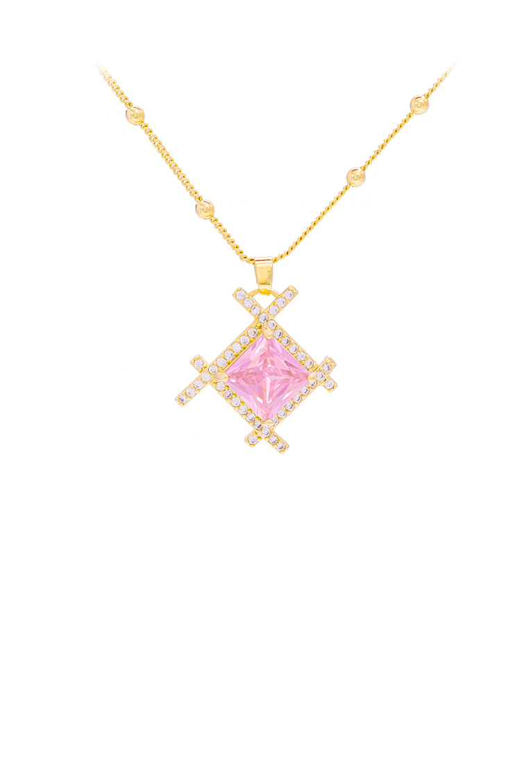 SOEOES 時尚簡約鍍金幾何菱形吊墜搭配粉紅色方晶鋯石和項鍊