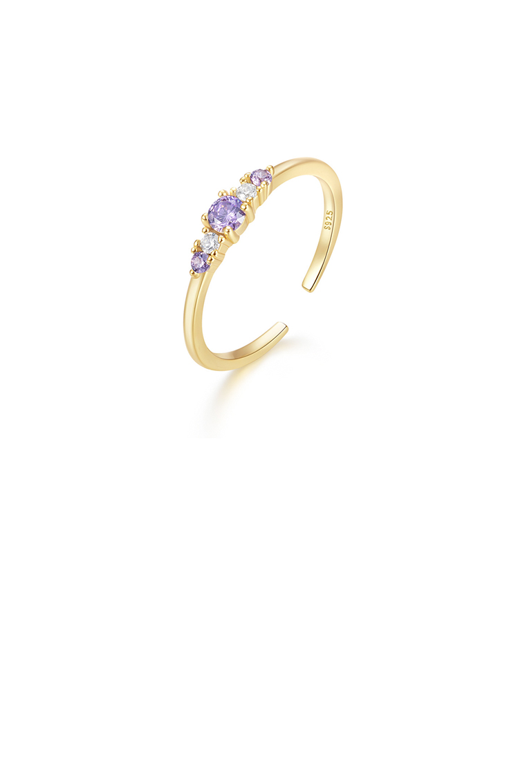 SOEOES 925純銀鍍金簡約時尚幾何紫色方晶鋯石可調開環戒指