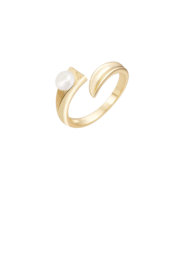 SOEOES 925純銀鍍金時尚簡約磨砂幾何淡水珍珠可調式開口戒指
