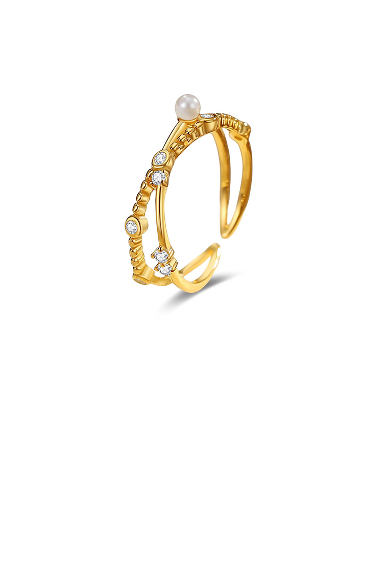 SOEOES 925純銀鍍金簡約個性十字線幾何仿珍珠可調式開口戒指配方晶鋯石