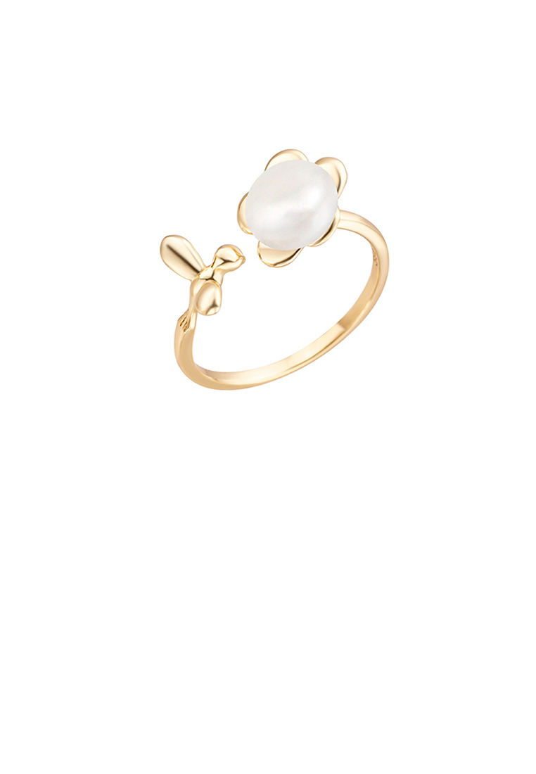 SOEOES 925純銀鍍金時尚簡約花朵淡水珍珠可調式開口戒指