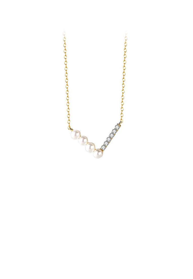 SOEOES 925 純銀鍍金時尚簡約 V 型幾何仿珍珠吊墜配方晶鋯石與項鍊