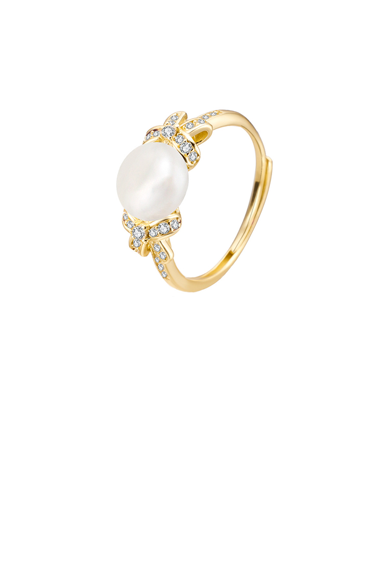 SOEOES 925 純銀鍍金時尚簡約緞帶淡水珍珠可調式戒指配方晶鋯石