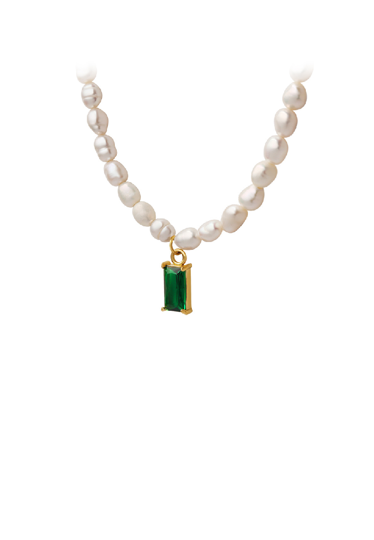 SOEOES 簡約時尚鍍金316L不鏽鋼幾何綠色方晶鋯石方形吊墜仿珍珠項鍊
