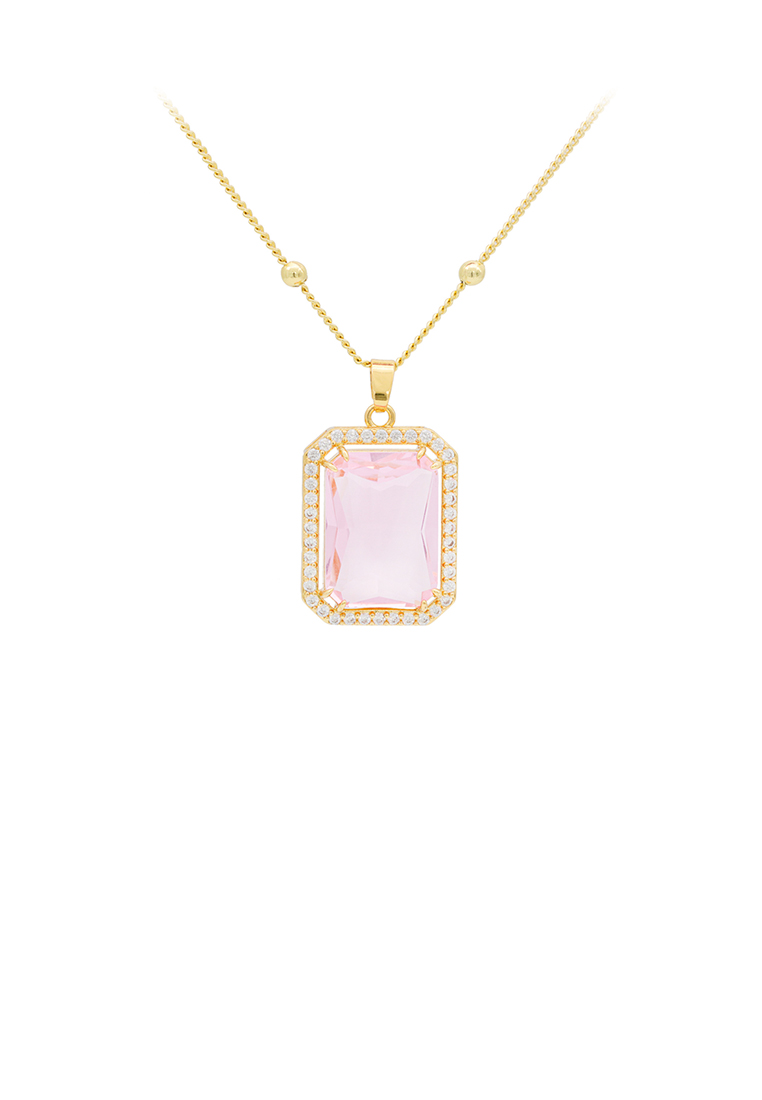 SOEOES 時尚氣質鍍金幾何方形吊墜配粉紅色方晶鋯石項鍊