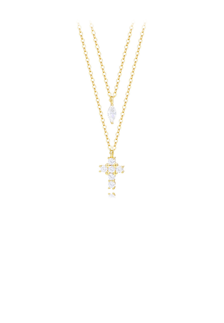 SOEOES 925純銀鍍金簡約時尚十字雙層方晶鋯石吊墜項鍊
