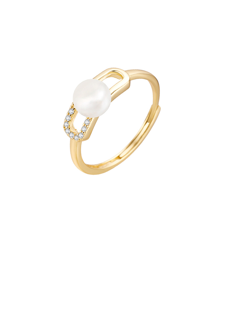 SOEOES 925純銀鍍金簡約時尚鏤空幾何淡水珍珠方晶鋯石可調式戒指
