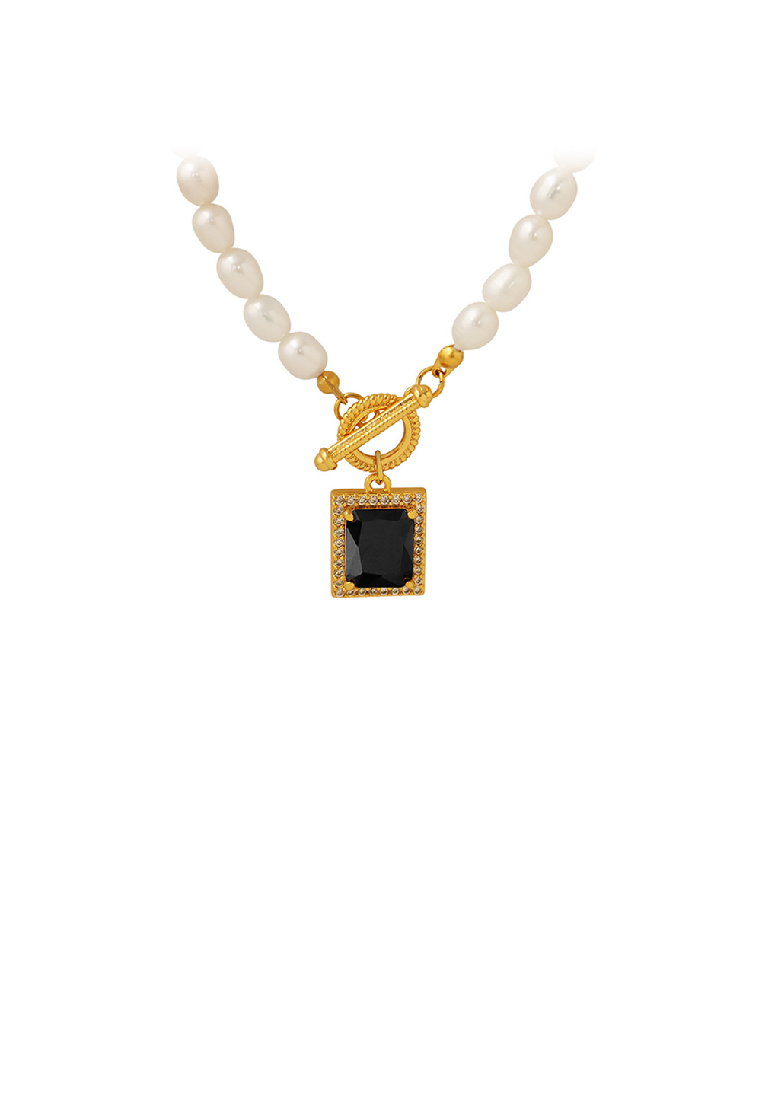 SOEOES 時尚氣質鍍金316L不鏽鋼幾何立方體黑色方晶鋯石吊墜搭配仿珍珠項鍊