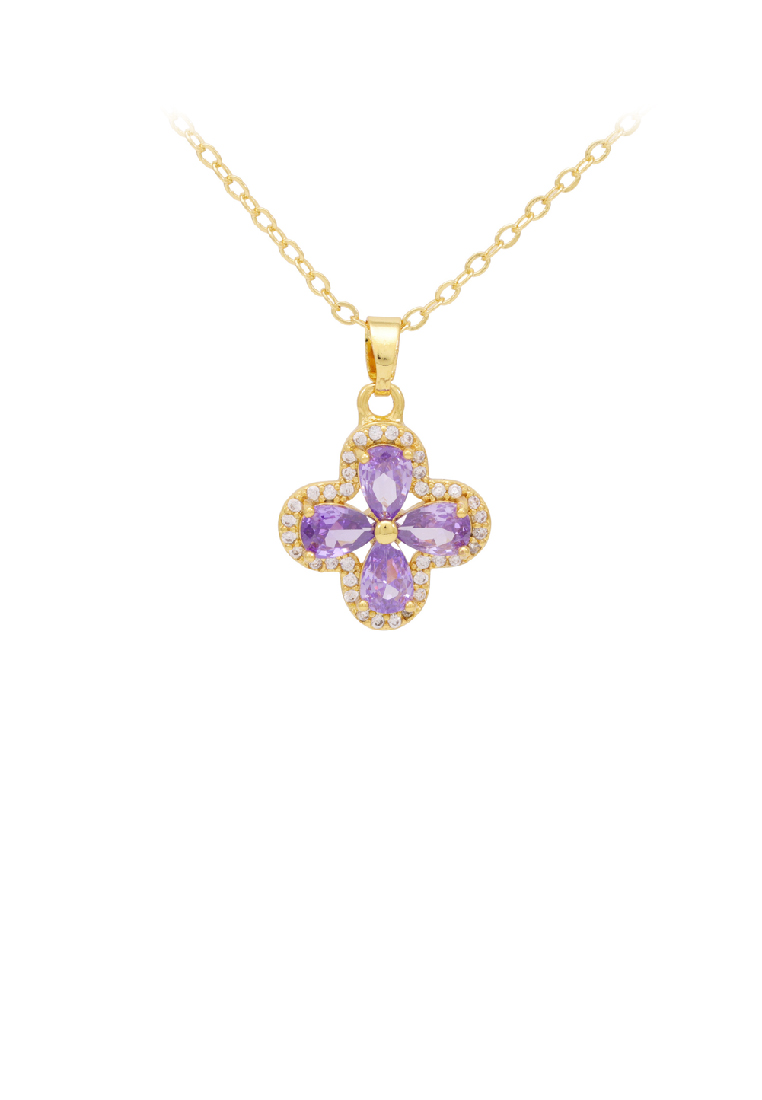 SOEOES 時尚明亮鍍金四葉草吊墜配紫色方晶鋯石和項鍊