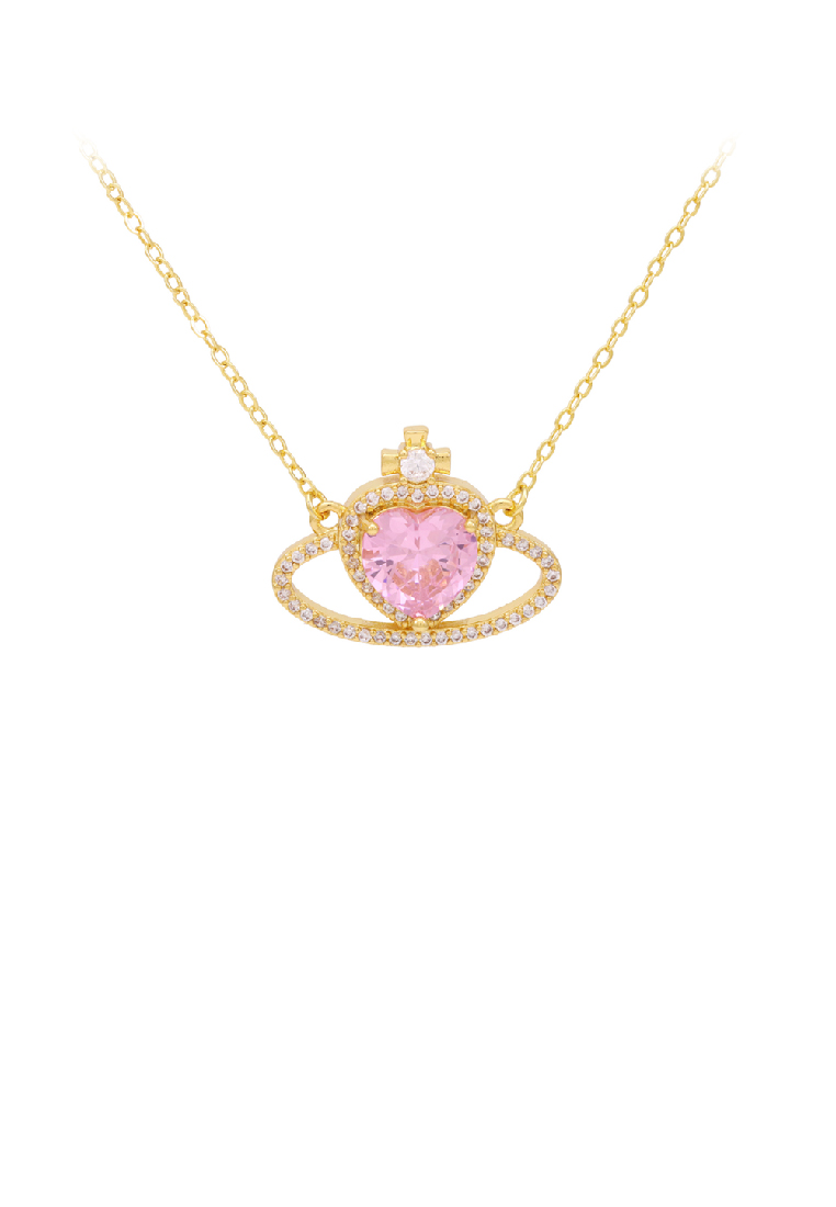 SOEOES 時尚創意鍍金心形皇冠吊墜配粉紅色方晶鋯石和項鍊