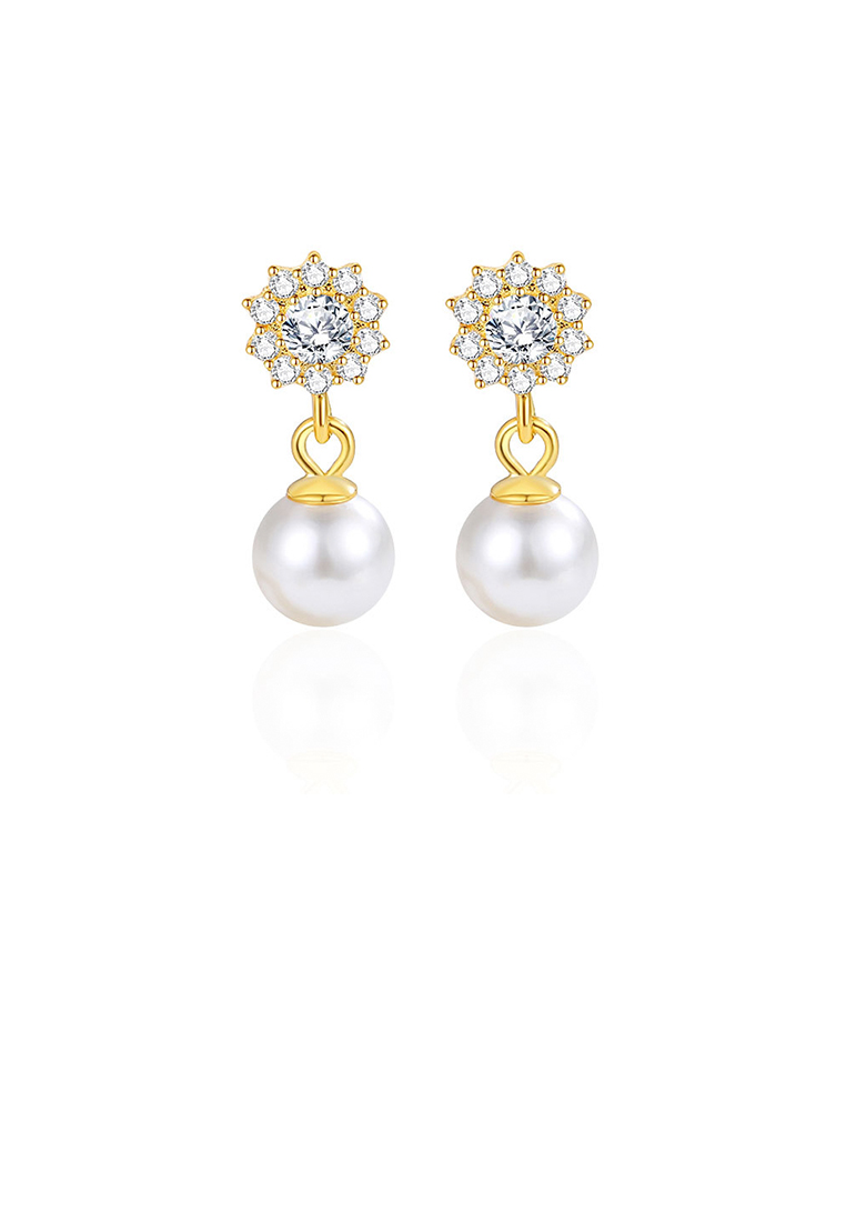 SOEOES 925 純銀鍍金時尚簡約向日葵仿珍珠耳環配方晶鋯石