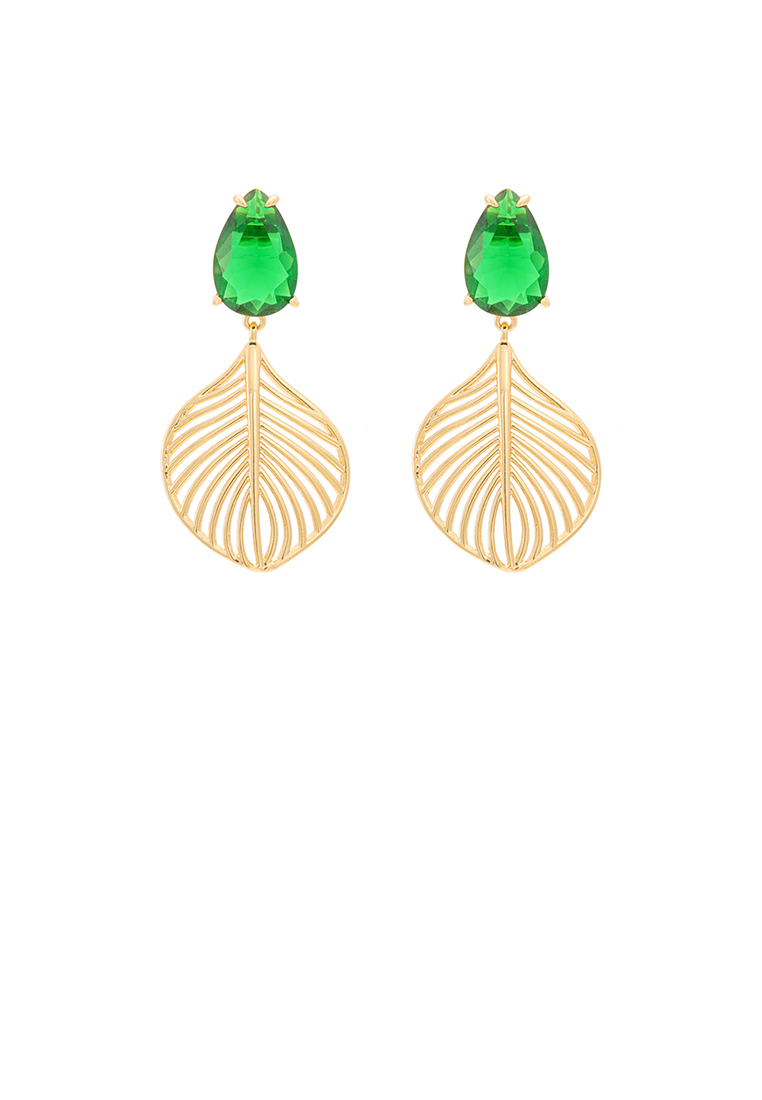 SOEOES 時尚個性綠色方晶鋯石鍍金空心葉耳環